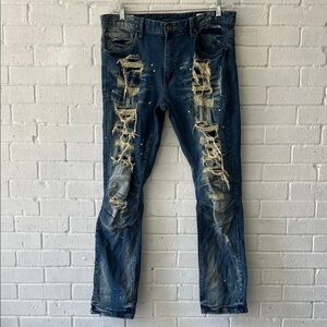 Smoke Rise Rip & Repair Paint Spatter Blue Slim Fit Jeans 36x32 Edgy Trendy